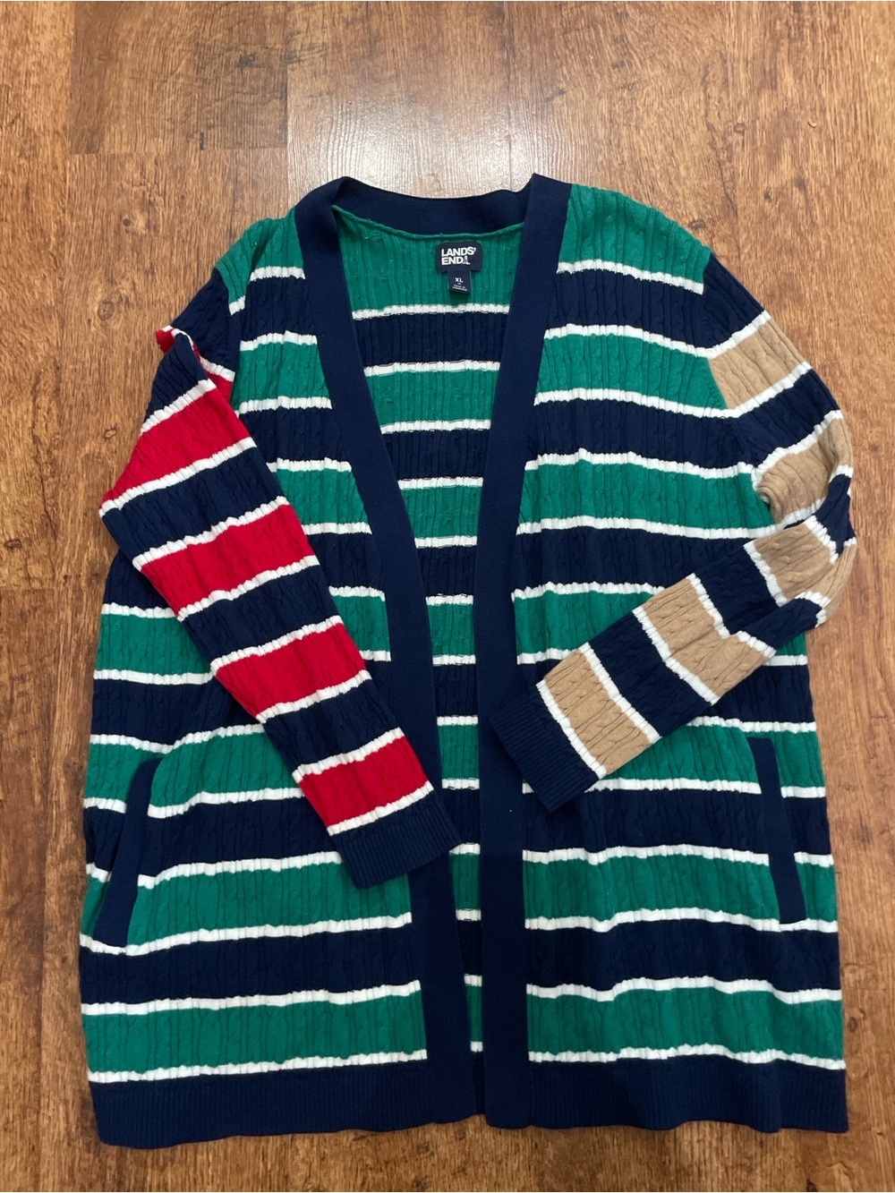 Lands' End Striped Cotton Open Cardigan - Green/Navy/Red/Tan